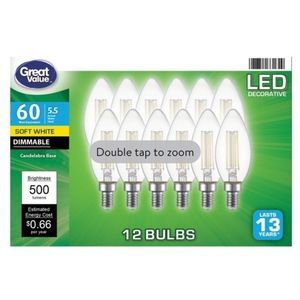 Great Value LED Light Bulb, 5.5 Watts (60W Eqv.) B10 Deco Lamp E12 Base,Dimmable